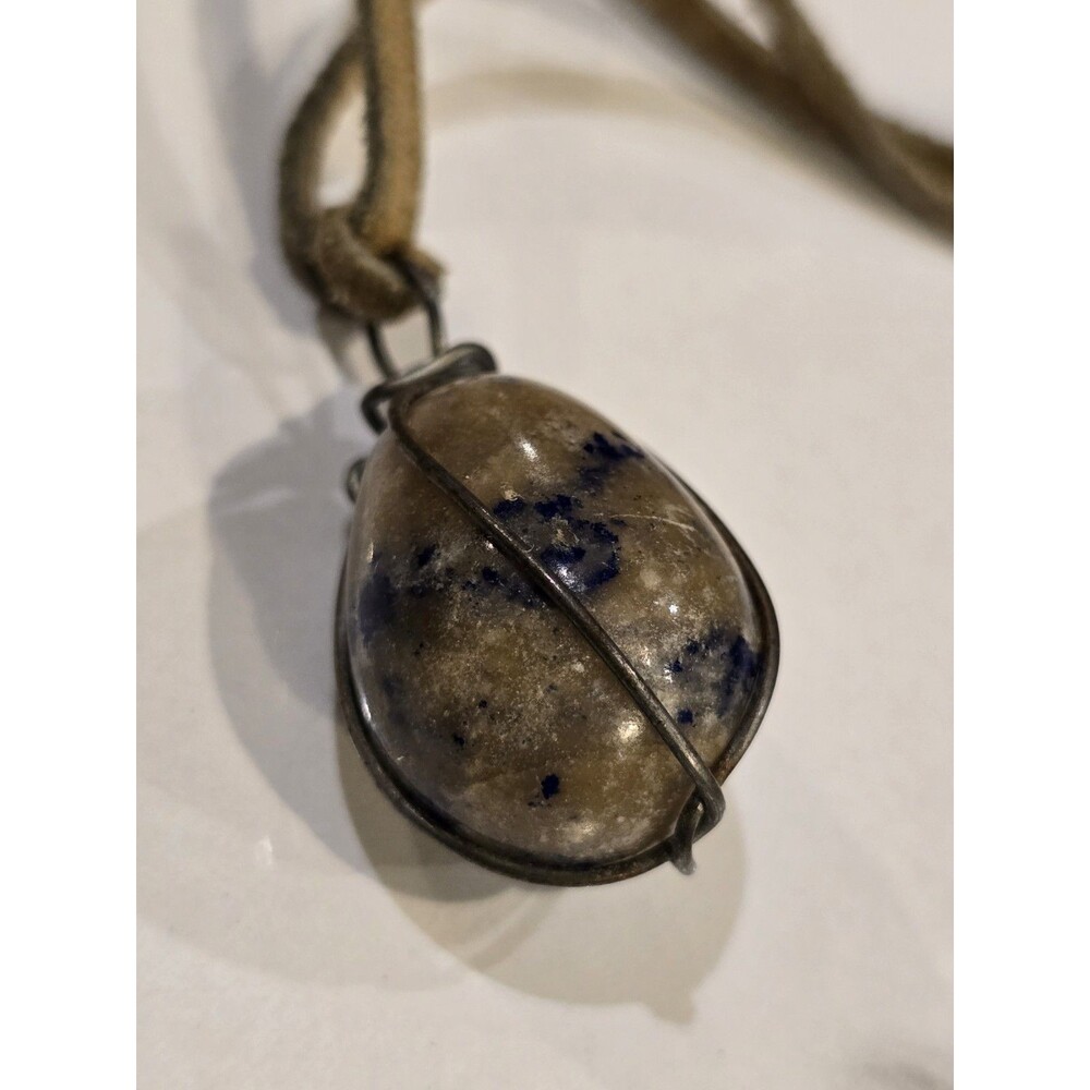 Natural Stone Wire Wrapped Pendant Necklace Suede Leather Cord Artisan Boho 1271